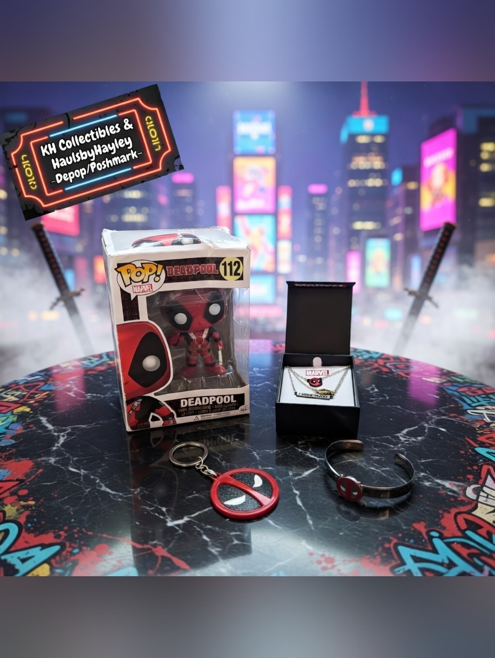 NEW Marvel Deadpool 4-Pc Set: Tacos Necklace, Cuff, Keychain & Funko Pop